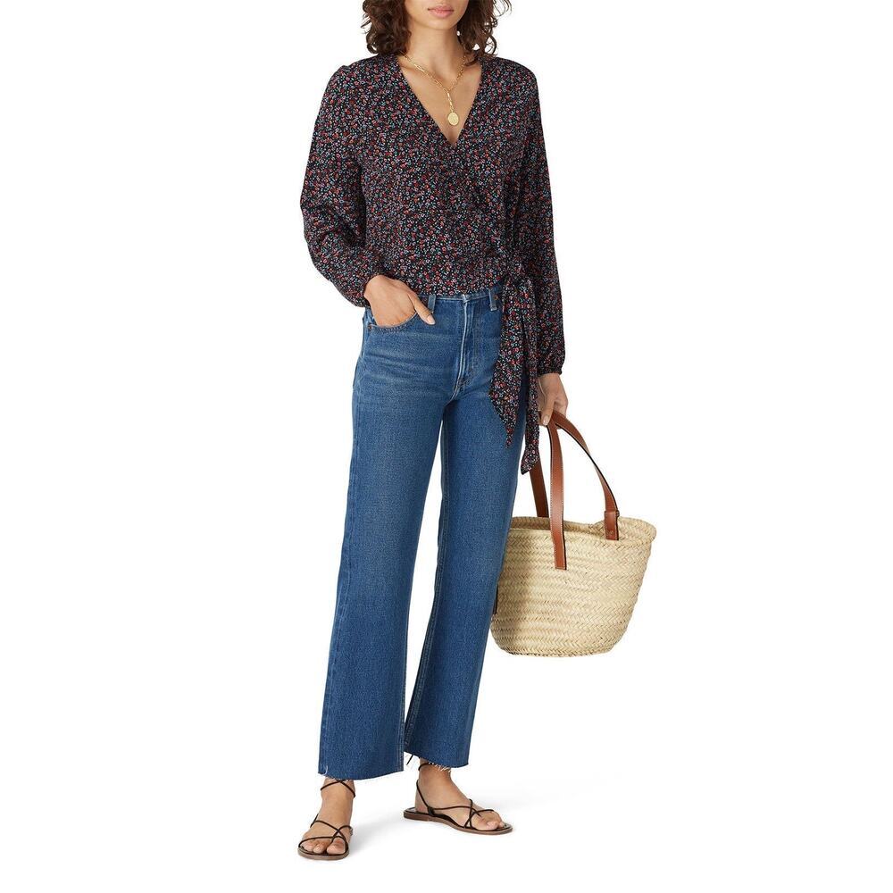 MADEWELL Floral Raelynn Wrap Top Long Sleeve Black Bright Floral Top size XS